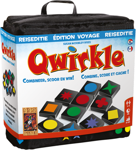 Verpakte bordspel 'Qwirkle', met diverse gekleurde vormen en speltitel.