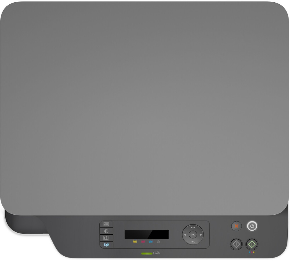 A gray printer with a control panel on the bottom. The lid is open.