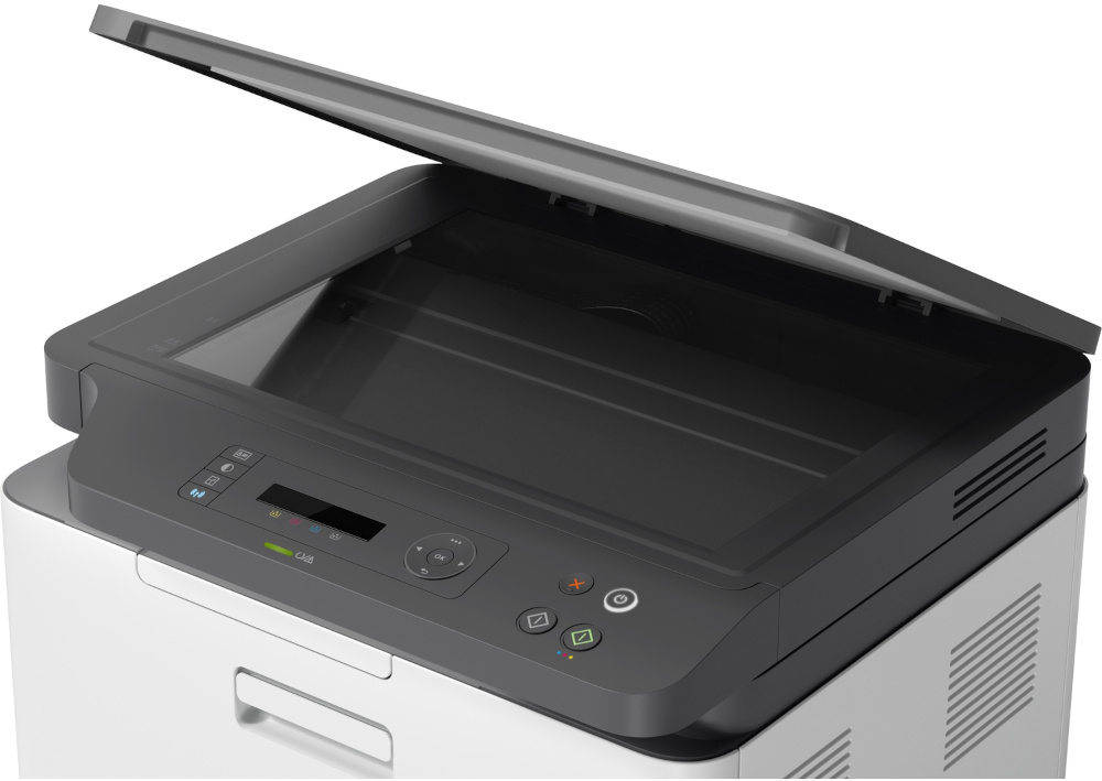 A printer with the top open, showing the scanner bed and controls on a white surface.