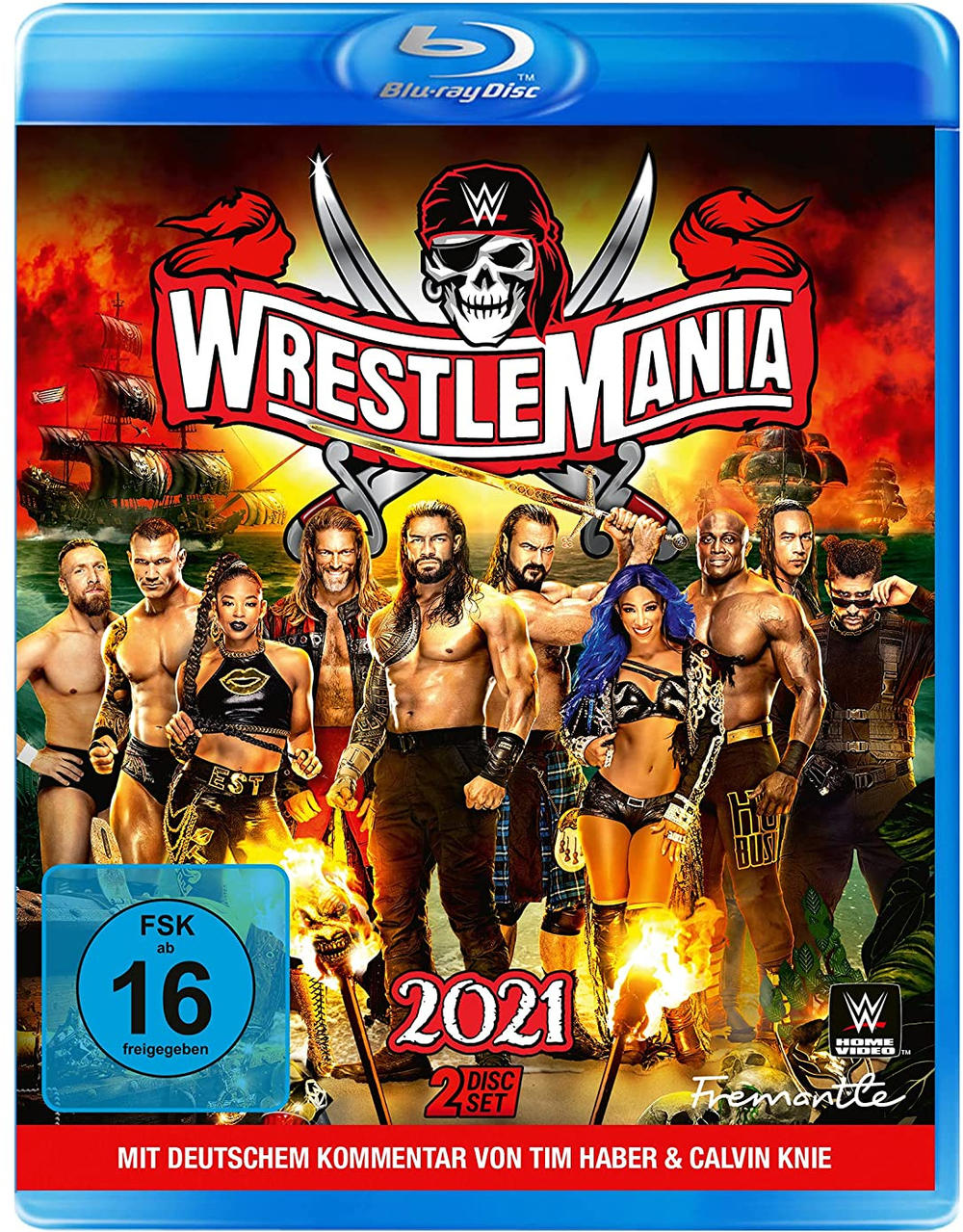 WrestleMania DVD-Cover mit Wrestlern und Piraten-Thema.
