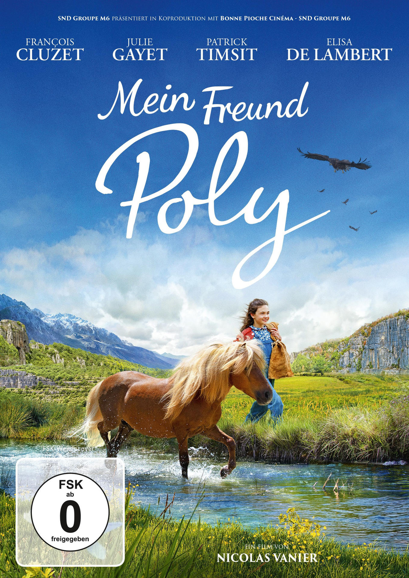 Filmplakat. Mädchen und Pony rennen in einem Bach, Titel Mein Freund Poly.