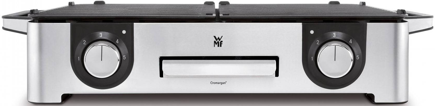Un grill électrique WMF en acier inoxydable avec deux cadrans de température.