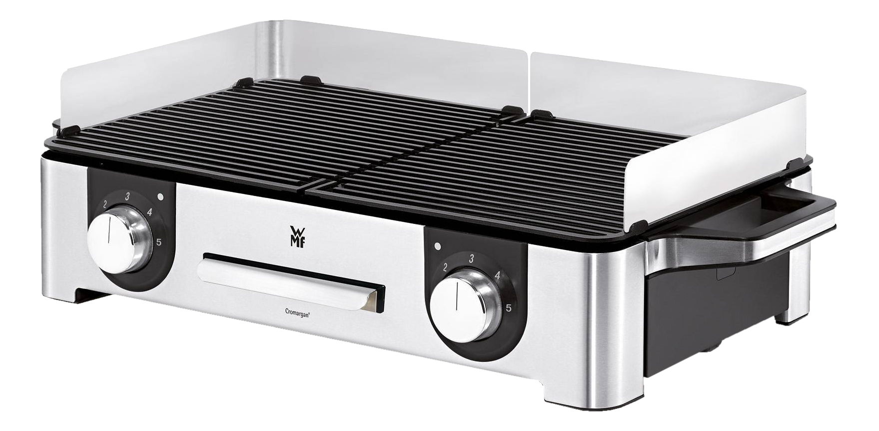 Un grill électrique argenté avec deux boutons de commande et une surface noire.