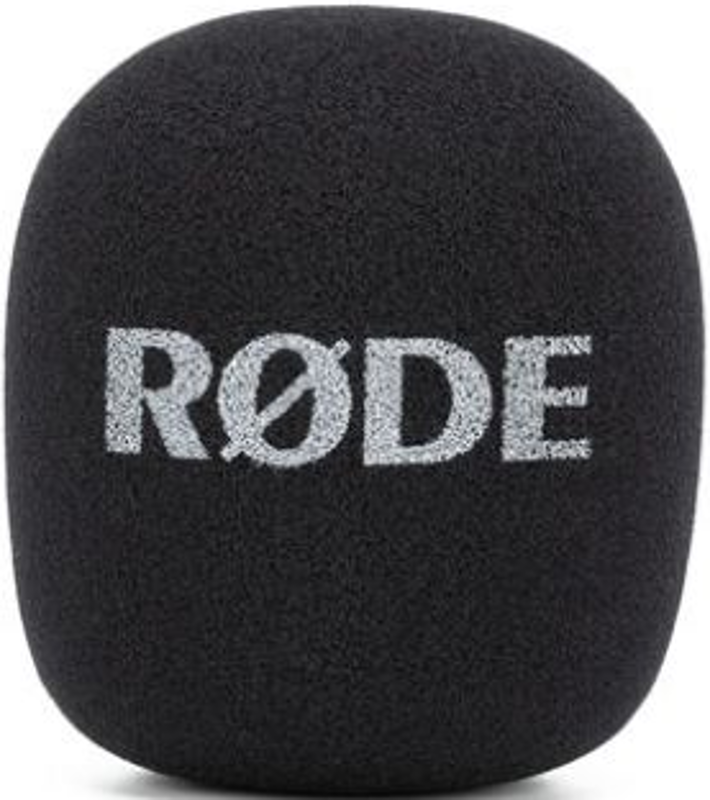 Bonnette anti-vent noire en mousse pour microphone avec logo Rode blanc.