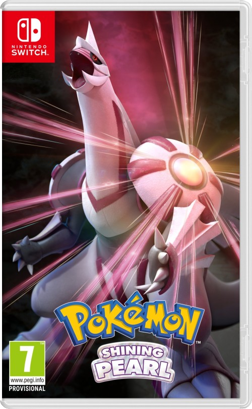 Pokemon Shining Pearl game cover. Palkia, roze en wit, met een gamecase.