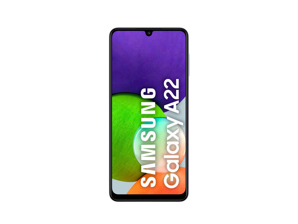 Smartphone Samsung Galaxy A22 sobre fondo negro. La pantalla del teléfono muestra el nombre.