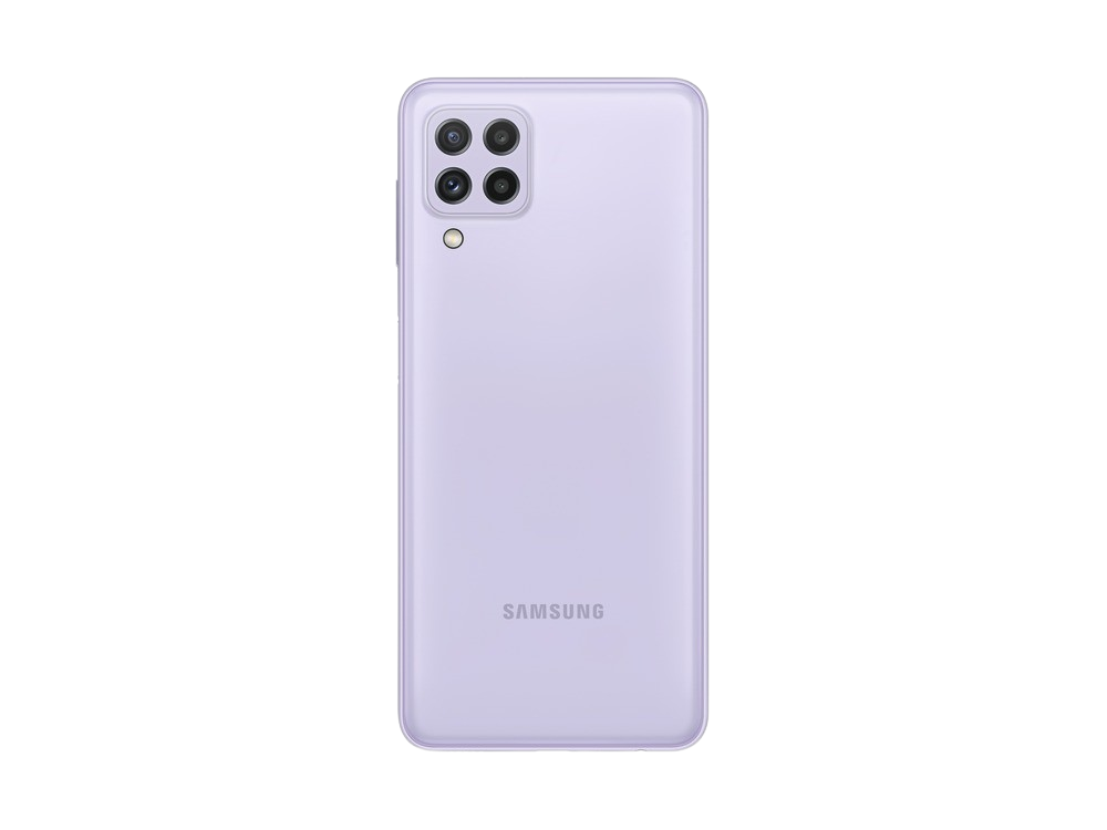 La parte trasera de un smartphone Samsung púrpura, con cuatro cámaras.