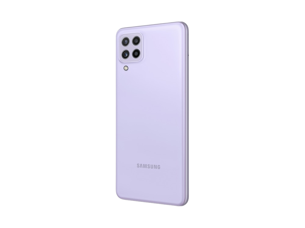 Un teléfono Samsung morado con varias cámaras traseras, ligeramente inclinado.