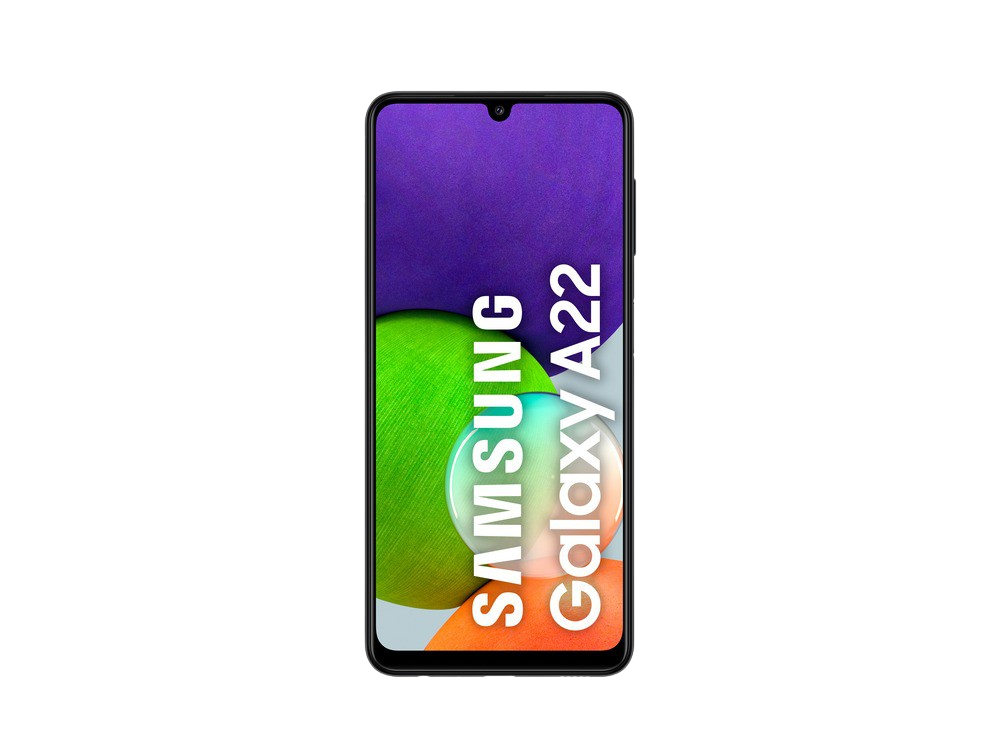 Un smartphone Samsung Galaxy A22 con pantalla negra que muestra un fondo colorido.