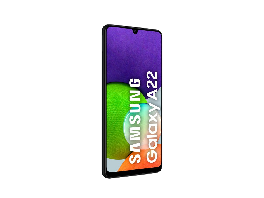 Smartphone Samsung Galaxy A22, con pantalla negra y fondo colorido.