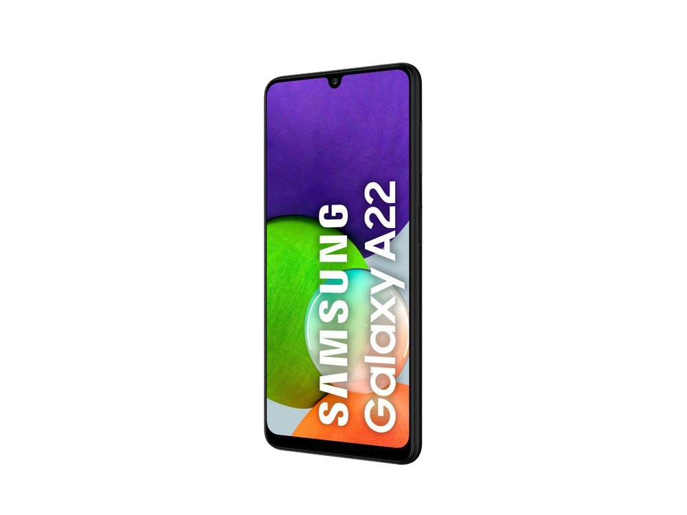 Teléfono Samsung Galaxy A22 negro sobre un fondo negro. La pantalla muestra una imagen colorida.