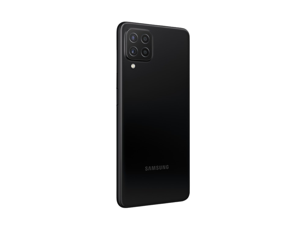 Smartphone negro desde la parte trasera. Tiene un módulo de cámara y el logotipo de Samsung.