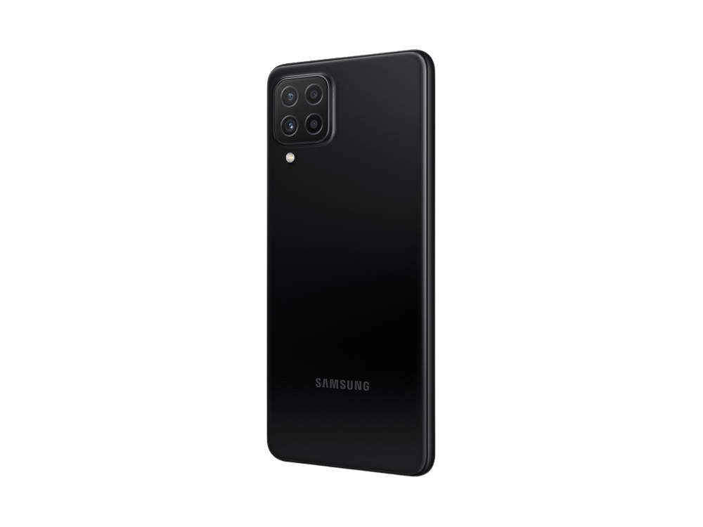 Vista trasera de un teléfono Samsung negro. Tiene un módulo de cámara y el logo de Samsung.