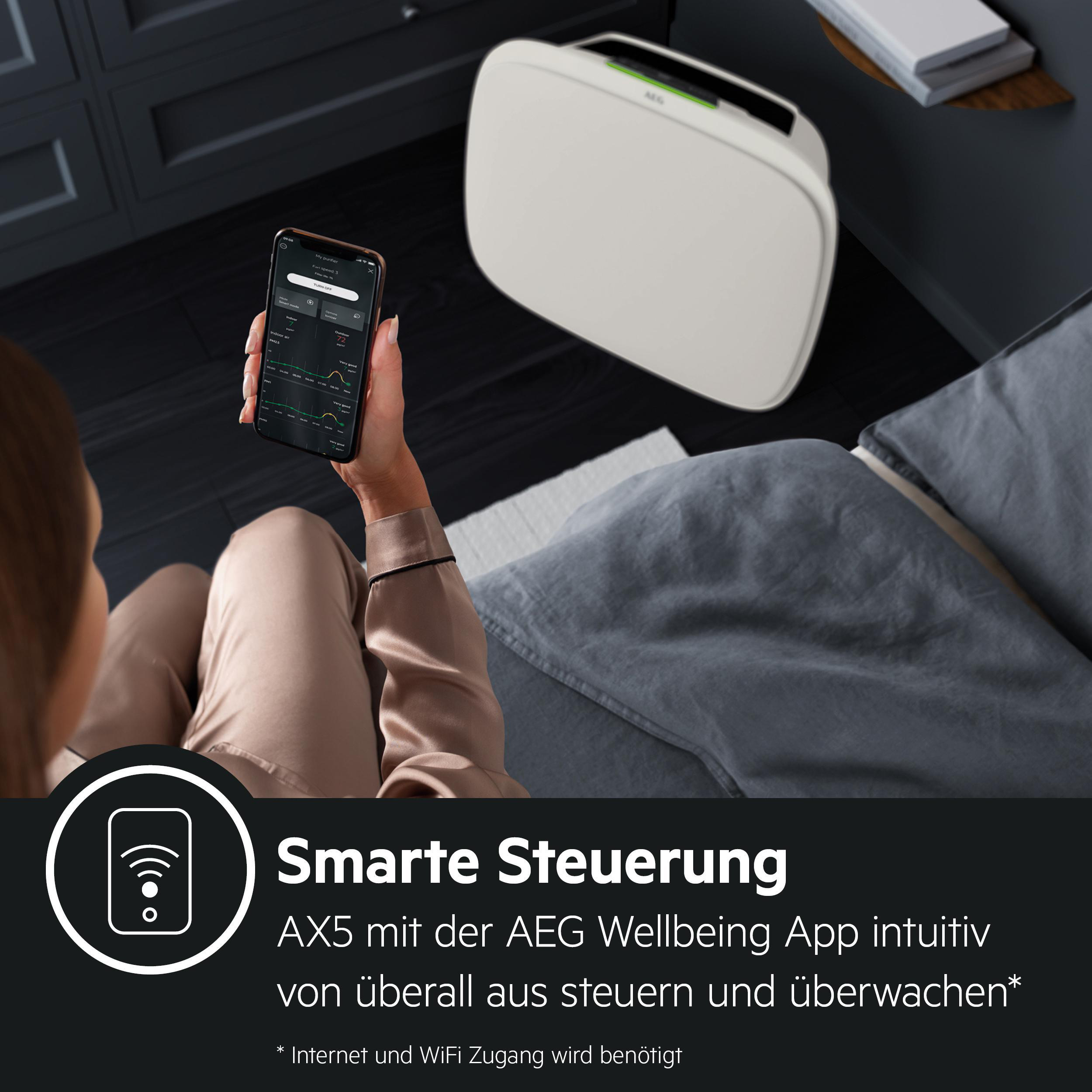 Person hält ein Telefon mit einer App, Text und ein intelligenter Luftreiniger im Hintergrund.