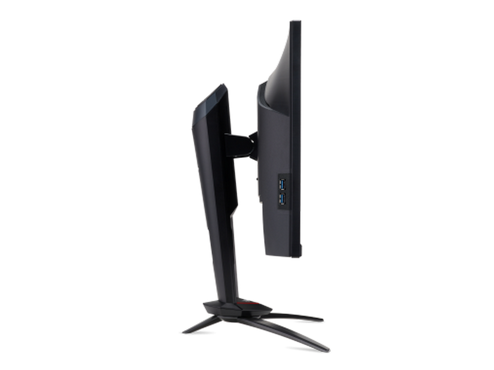 Un monitor de juegos negro con un soporte negro. Se ve de lado.
