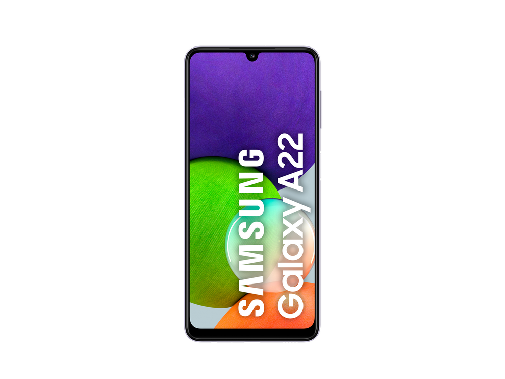 Un smartphone con las palabras "SAMSUNG Galaxy A22" en la pantalla sobre fondo blanco.