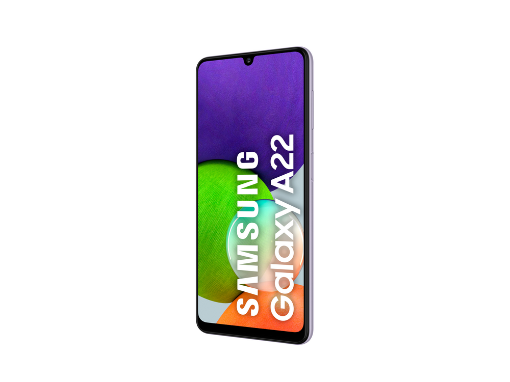 Un teléfono Samsung Galaxy A22, morado, mostrado de lado con la pantalla encendida.