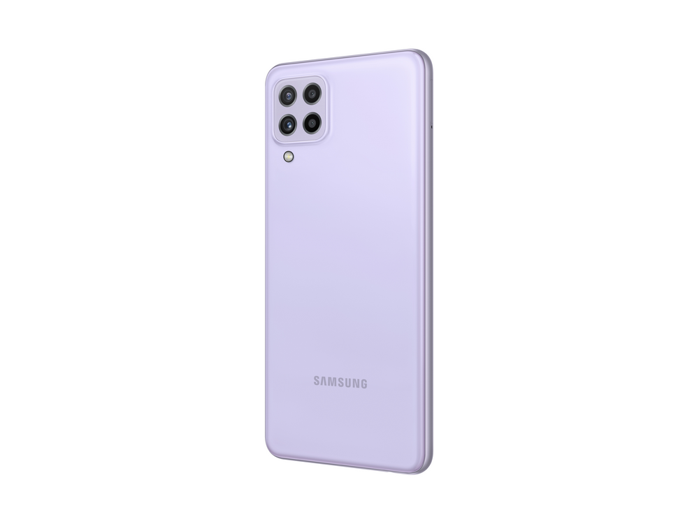 Un teléfono Samsung morado. La parte trasera del teléfono tiene cuatro cámaras. El logotipo de Samsung es visible.