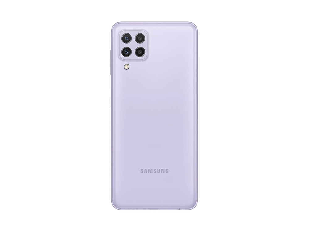 Un teléfono móvil púrpura con una cámara. La parte trasera del teléfono es visible.