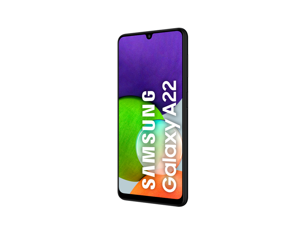 Smartphone negro con pantalla mostrando texto Samsung Galaxy A22, vista en ángulo.