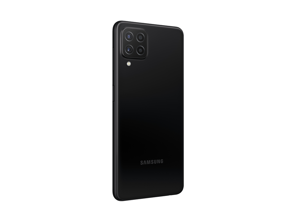 Un teléfono inteligente Samsung negro, visto desde la parte trasera, con la configuración de la cámara visible.