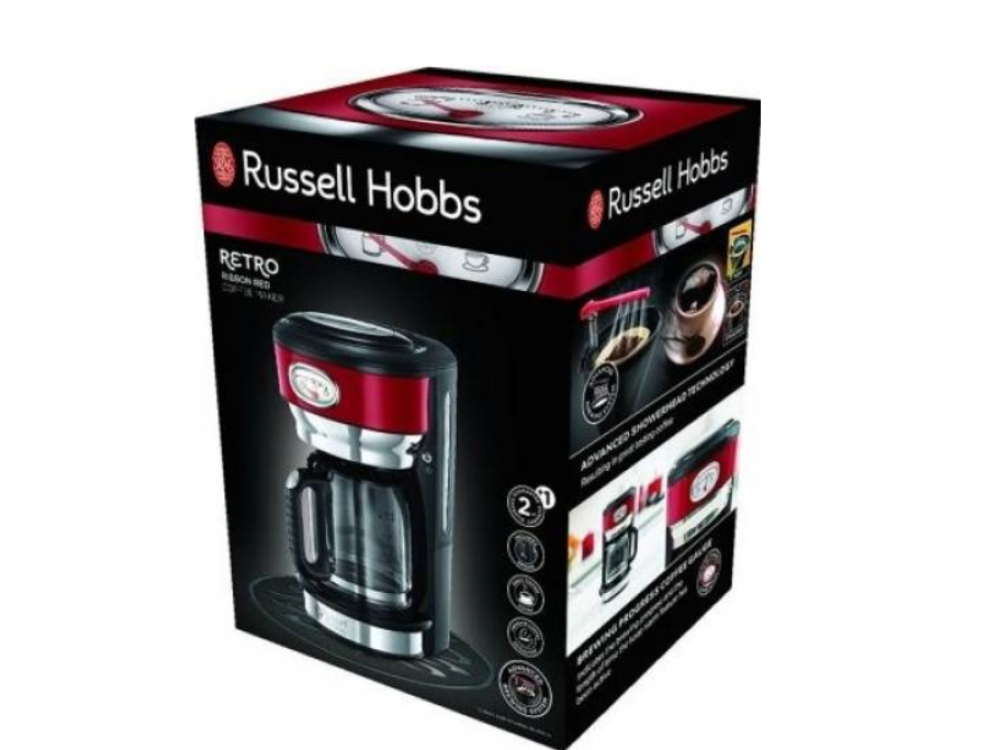 Caja de cafetera. Negro, rojo y blanco. Marca Russell Hobbs. La cafetera está al frente.