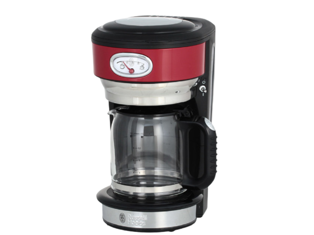 Cafetera de goteo - Russell Hobbs Retro Ribbon Red Glas, 1000 W, 1.25 l, 10 Tazas, Jarra de cristal, Rojo