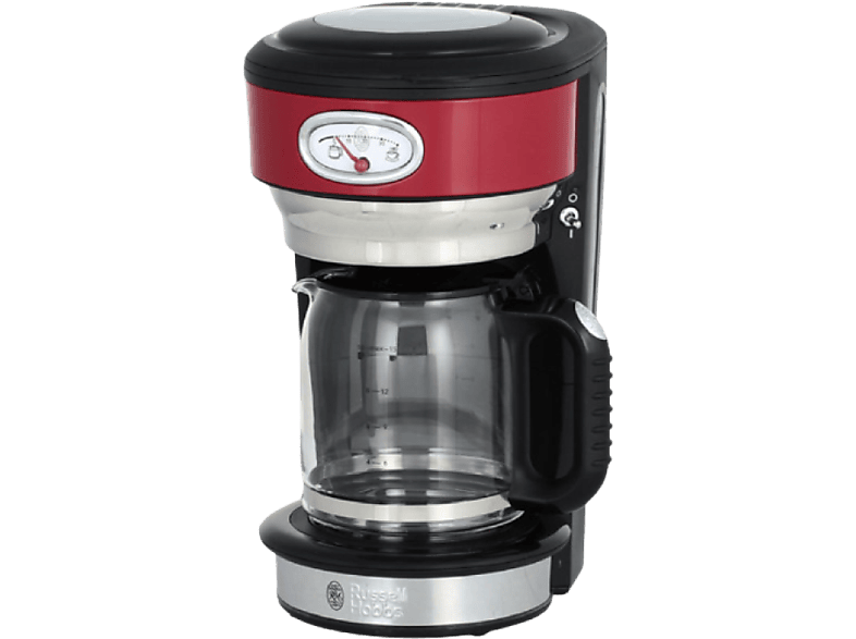 Cafetera de goteo - Russell Hobbs Retro Ribbon Red Glas, 1000 W, 1.25 l, 10 Tazas, Jarra cristal, Rojo