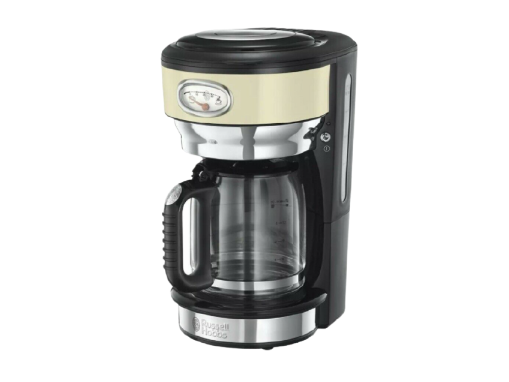 Russell Hobbs 2170256 cafetera independiente de filtro negro oro acero inoxidable 125 10 tazas manual goteo retro vintage jarra cristal 125l soporte lavable tecnología rociado avanzada cuchara medidora crema 1.25l 1000w 1000 1.25