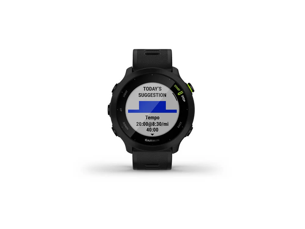 Un smartwatch Garmin negro sobre fondo blanco. Muestra una sugerencia de entrenamiento.