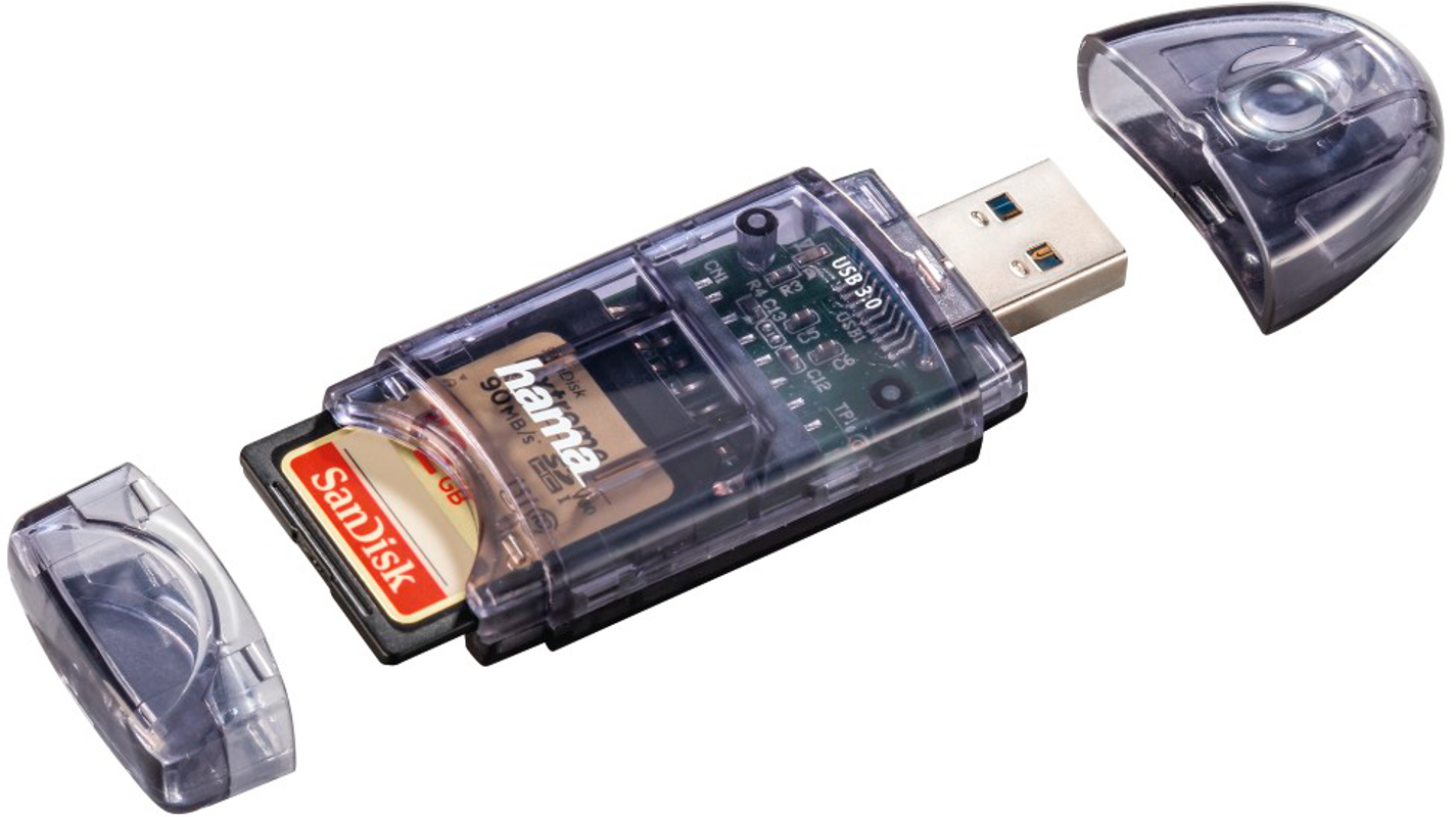 USB 3.0-Kartenleser mit eingesetzter SD-Karte. Das Gerät ist transparent.