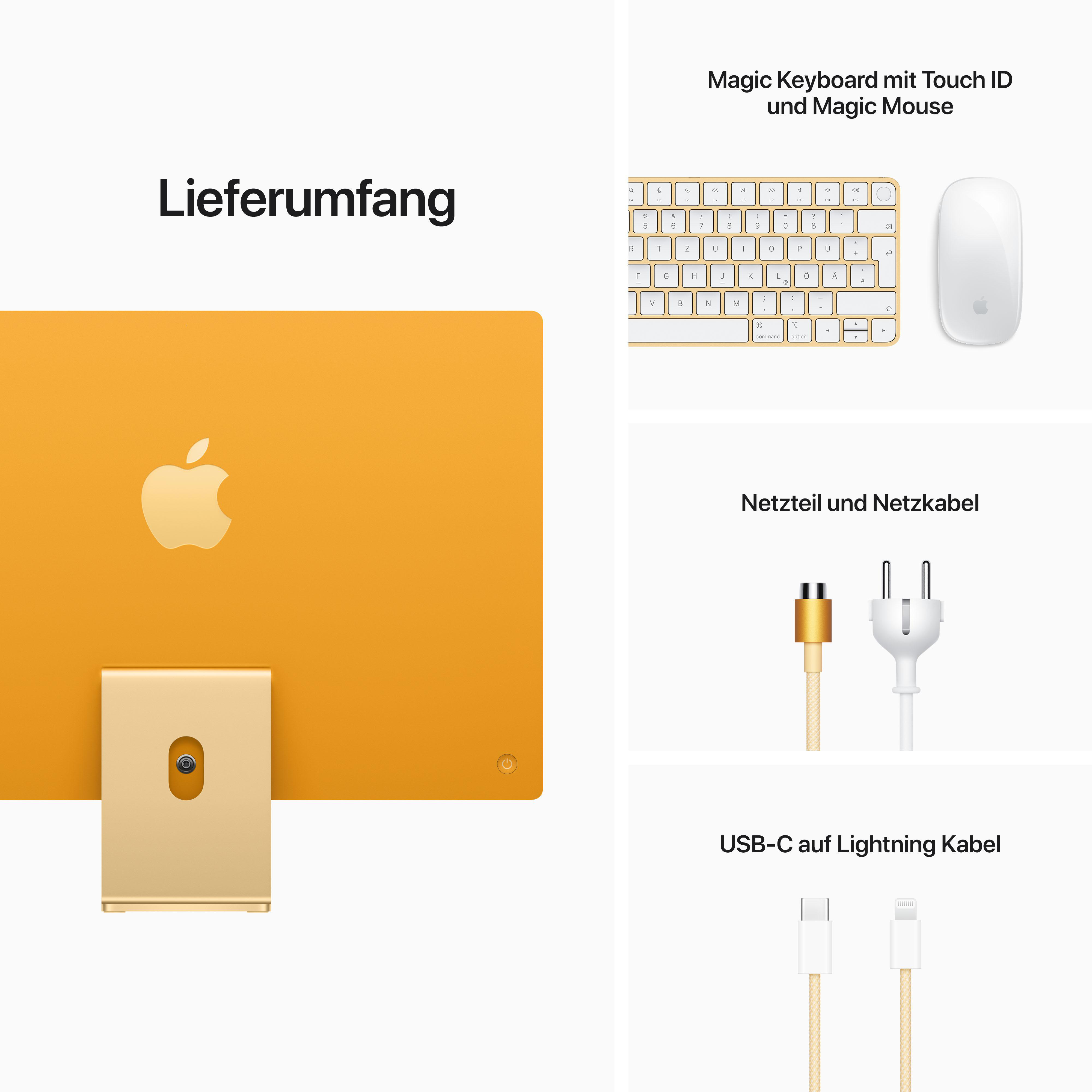 Ein goldfarbener iMac, Tastatur und Maus werden vor einem weißen Hintergrund mit Text angezeigt.