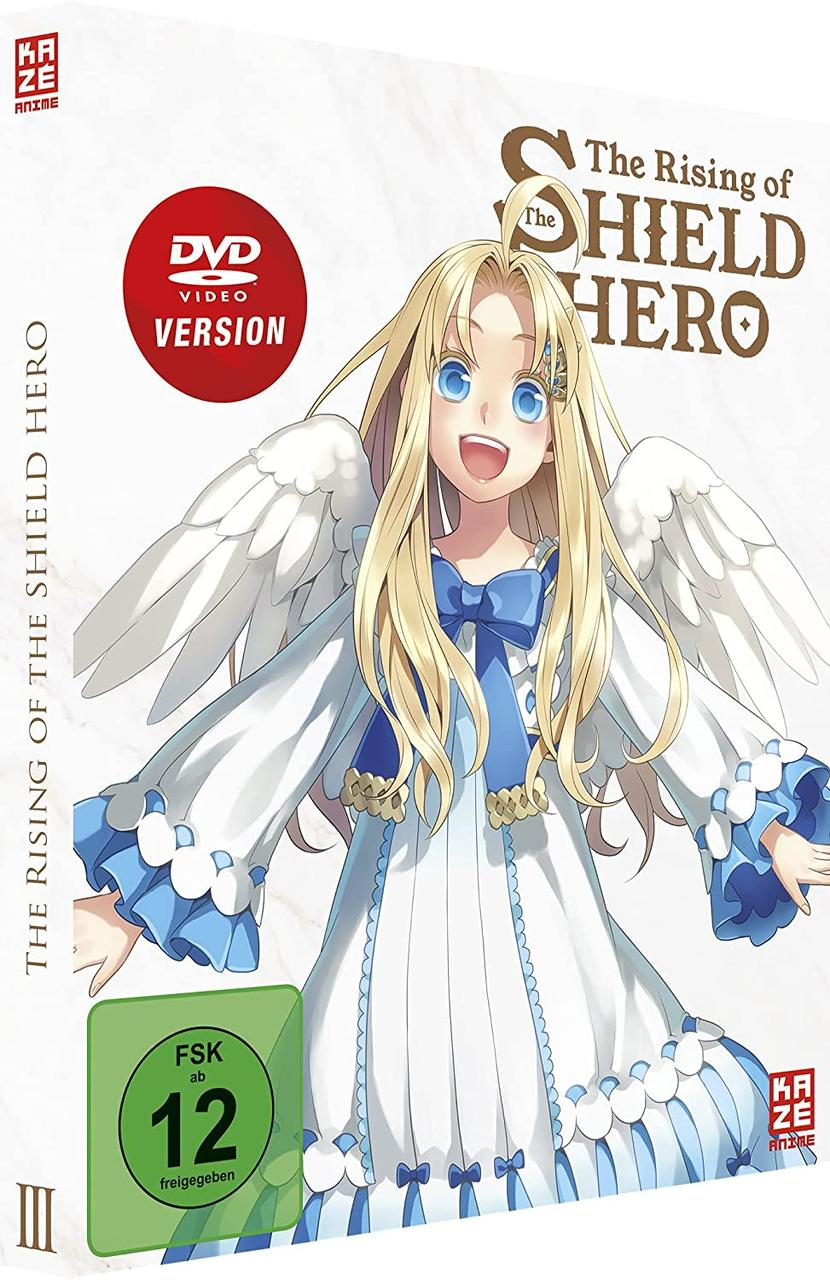 DVD-Hülle. Anime-Mädchen mit weißen Flügeln. Text: The Rising of the Shield Hero. DVD-Version.