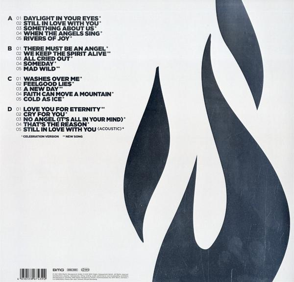 Rückseite eines Albums mit Songtiteln, einem Flammen-Design und einem BMG-Logo.