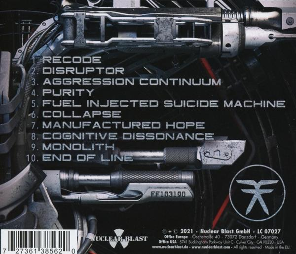CD-Cover mit Bandnamen und Songtiteln. Metallischer Hintergrund und industrielle Elemente.