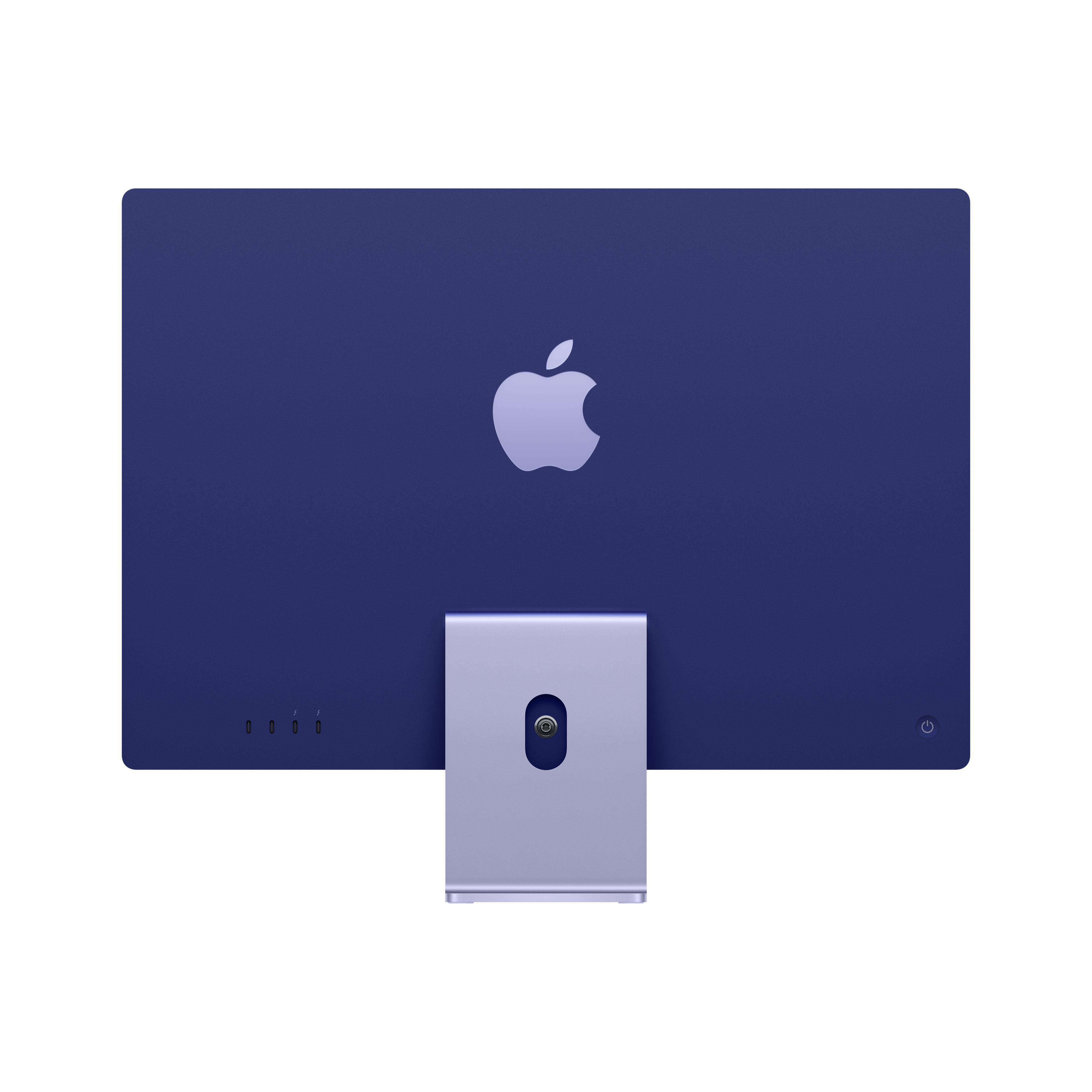 Rückansicht eines blauen iMac-Computers mit Apple-Logo.