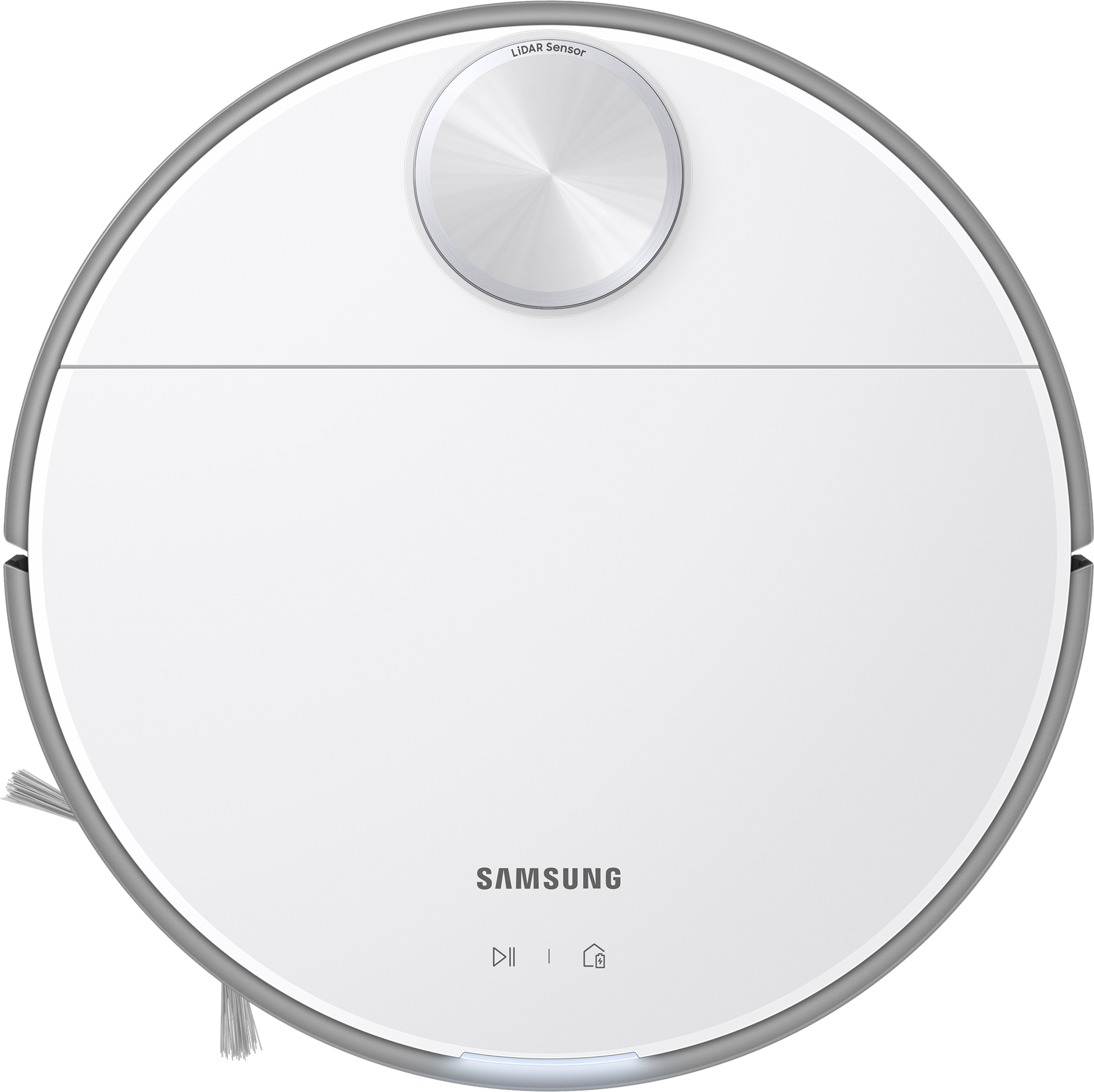 Aspirateur robot Samsung blanc, vue de dessus, avec capteur et boutons argentés.