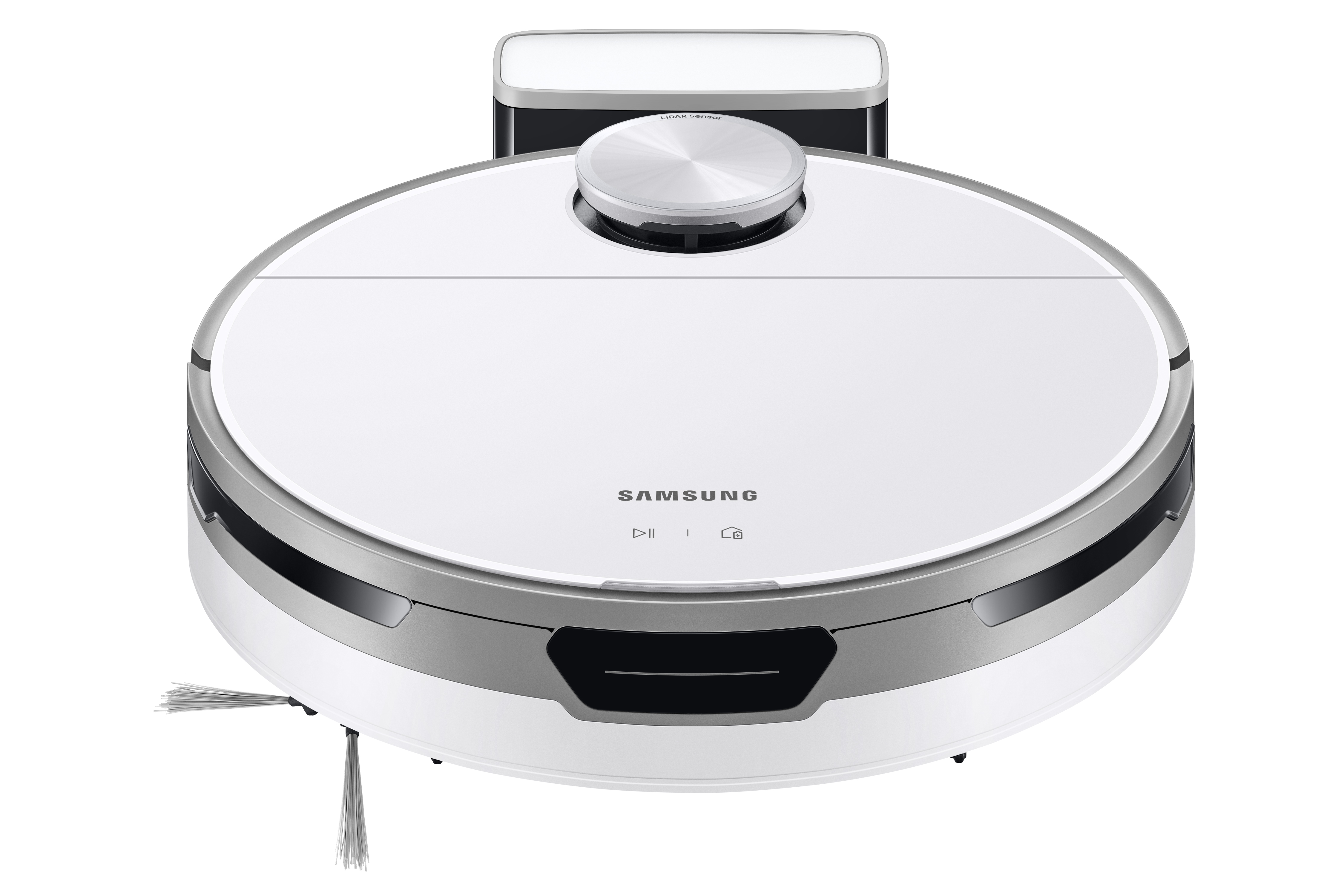 Aspirateur robot blanc, vue de dessus. Montre la forme ronde de l'appareil avec des détails.