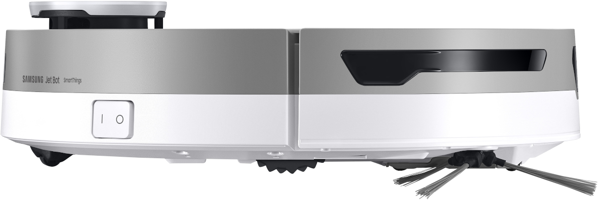 Un aspirateur robot blanc et gris, avec le logo Samsung et un bouton marche/arrêt à l'avant.