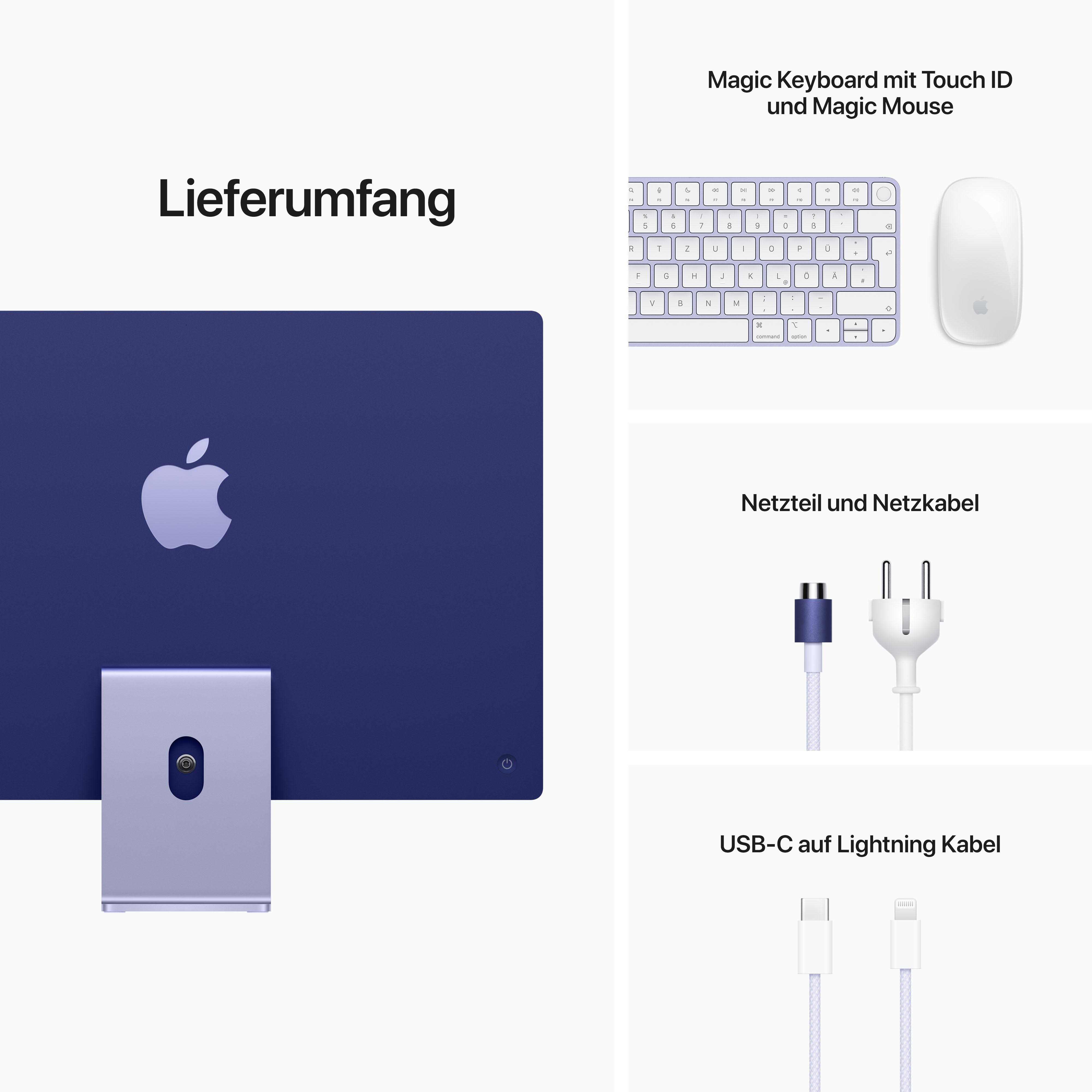 Ein Apple-Computer-Setup mit Monitor, Tastatur, Maus und Kabeln.