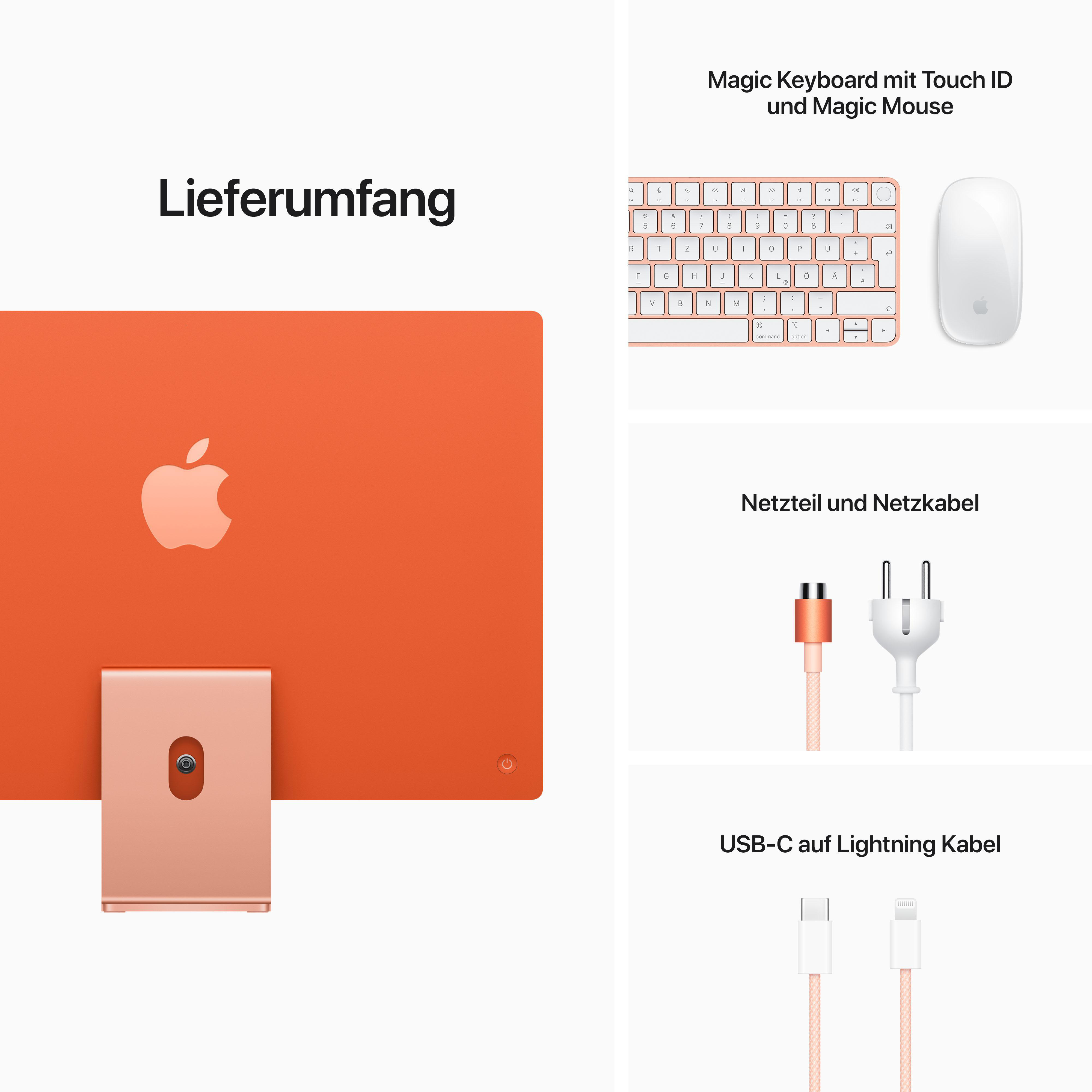 Ein orangefarbener iMac mit Tastatur, Maus und Ladekabeln, Text: 'Lieferumfang'.