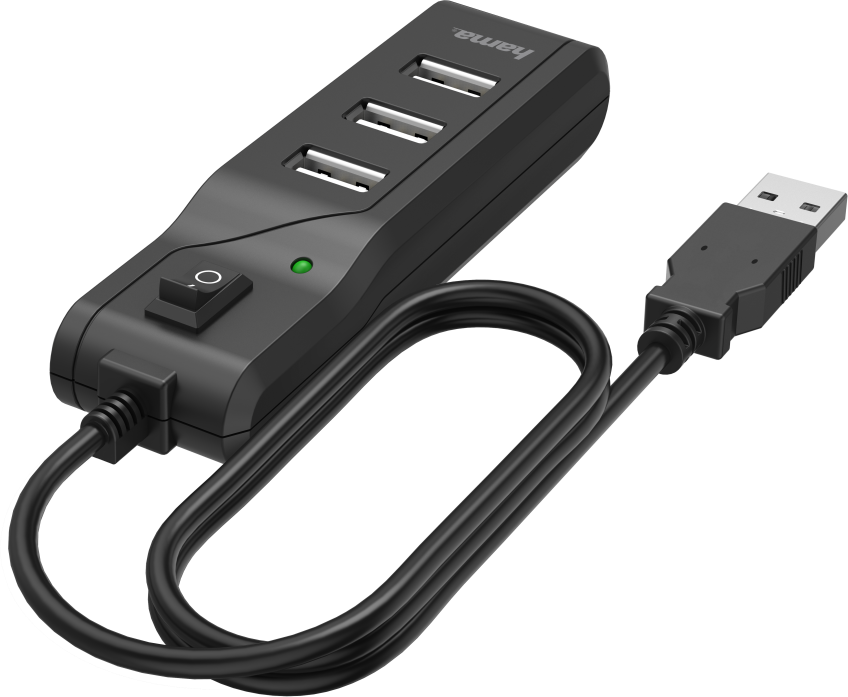 Schwarzer USB-Hub mit 3 Anschlüssen, Ein-/Aus-Schalter und Kabel.