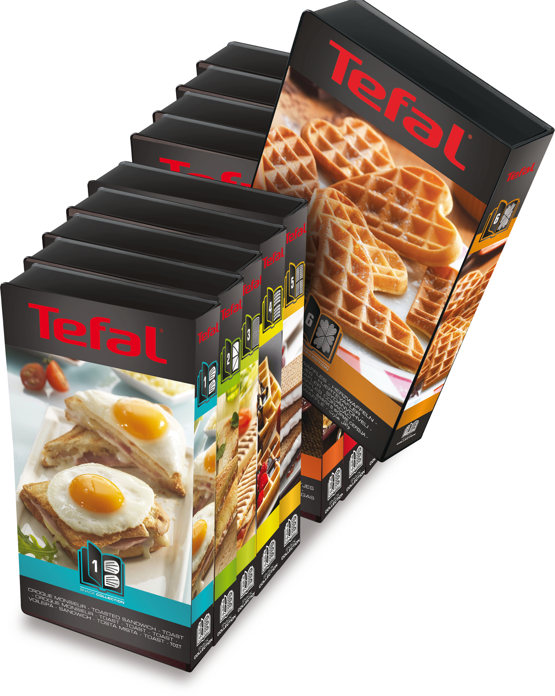 Ein Stapel Tefal Waffeleisen-Kartons mit verschiedenen Waffeln.