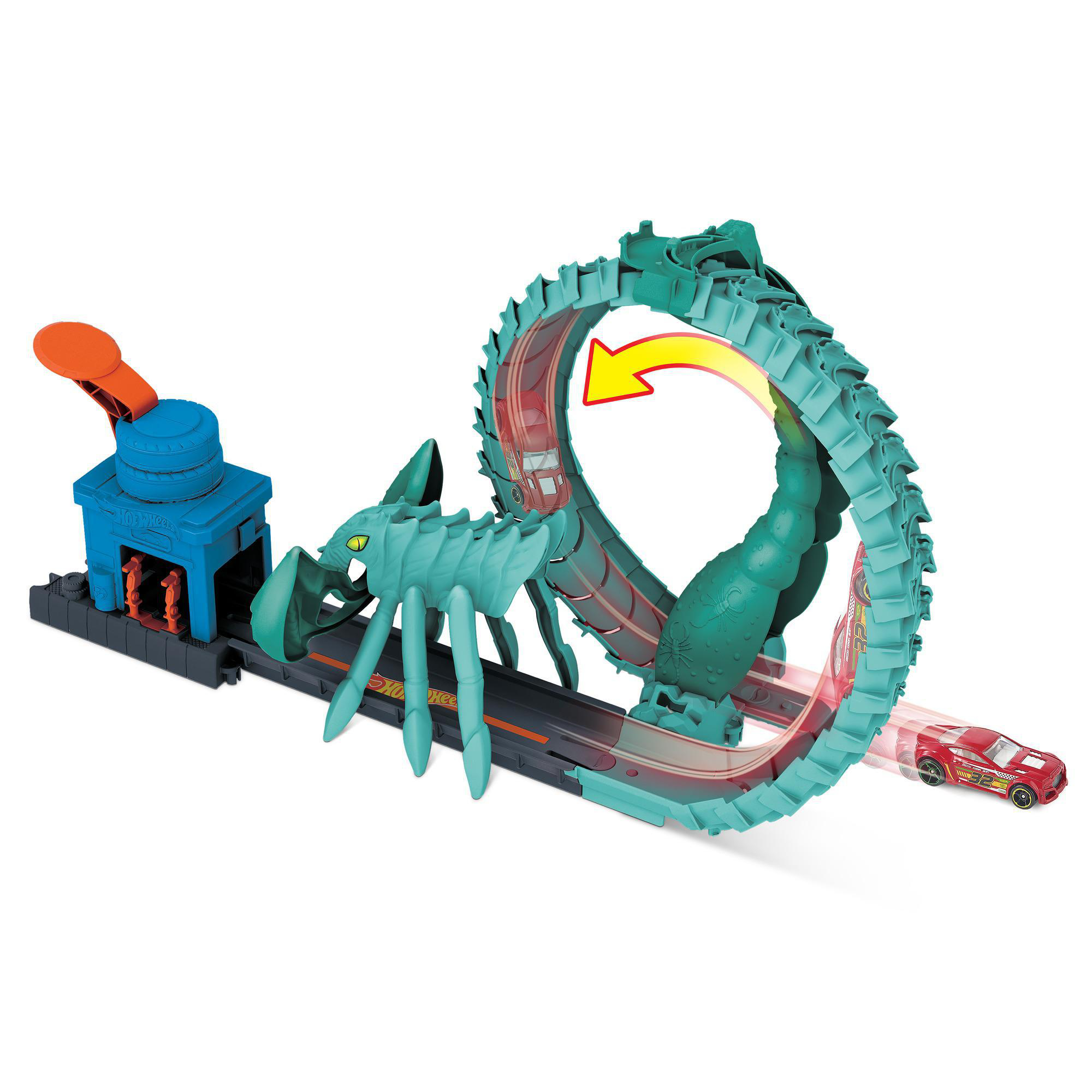 Eine Hot-Wheels-Strecke mit einer Schleife und einem Monster. Ein rotes Auto fährt durch die Schleife. Blaue und orange Elemente sind vorhanden.