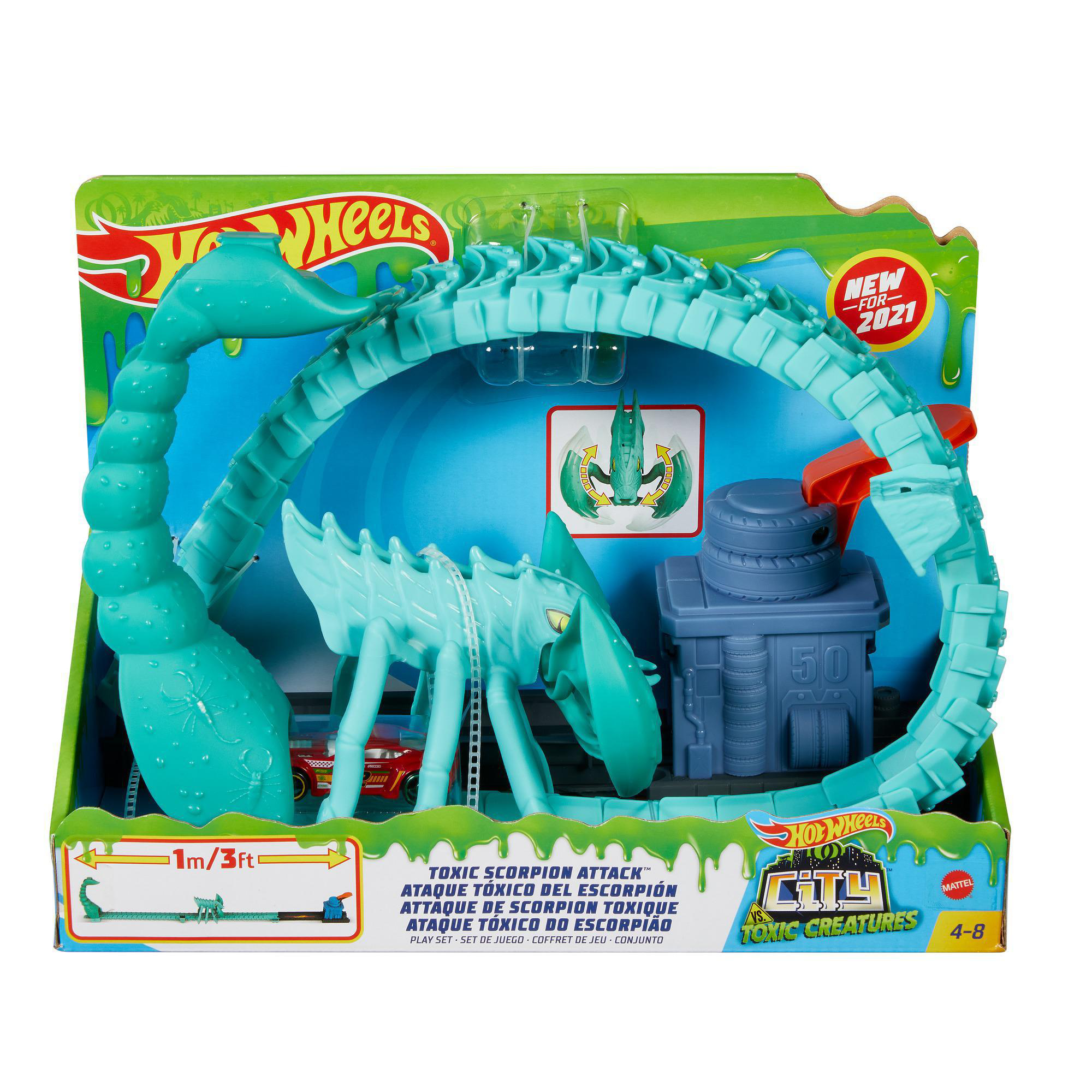 Ein Hot Wheels Toxic Scorpion Attack Spielset. Enthält eine Skorpionstruktur mit einer Rennstrecke, einem Auto und einem Turm.