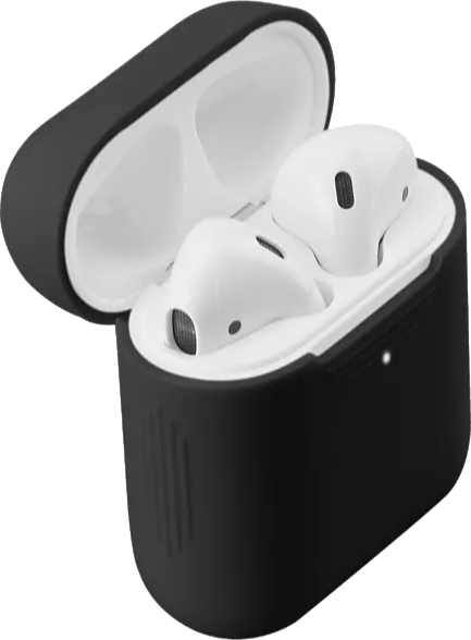 Zwarte AirPods-case open, met twee witte AirPods. De case heeft een reliëftextuur.