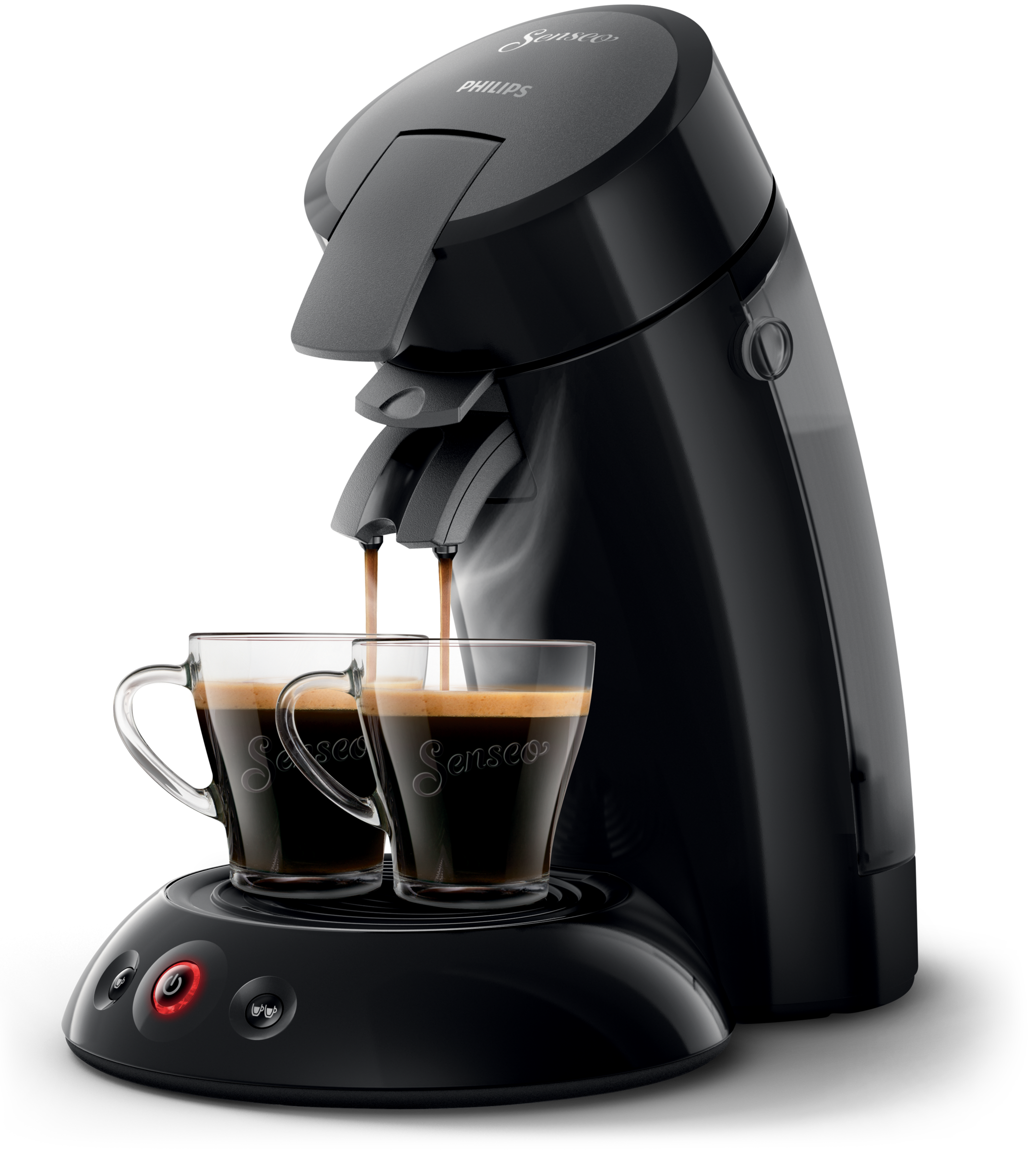 Zwarte koffiemachine met twee glazen kopjes. Koffie wordt in de kopjes gegoten. Zwart oppervlak.