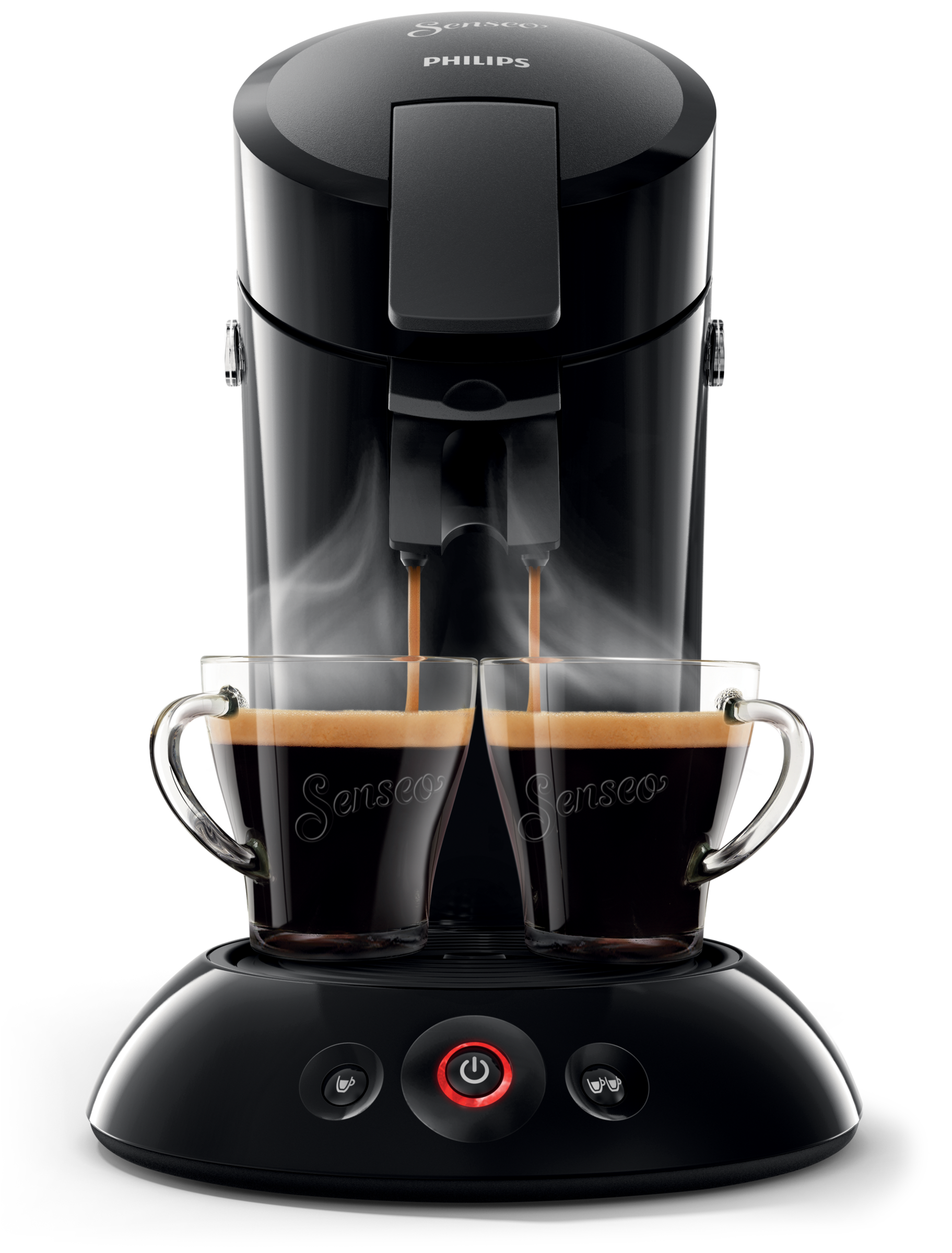 Een zwarte koffiemachine met twee glazen bekers die zich vullen met koffie; stoom stijgt op. Het merk is Philips.