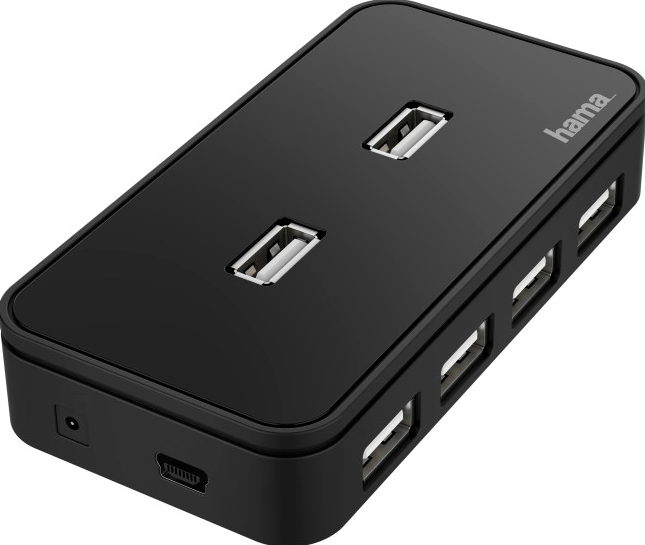 Hub USB noir avec plusieurs ports. Il est rectangulaire et possède des ports USB et d'alimentation.