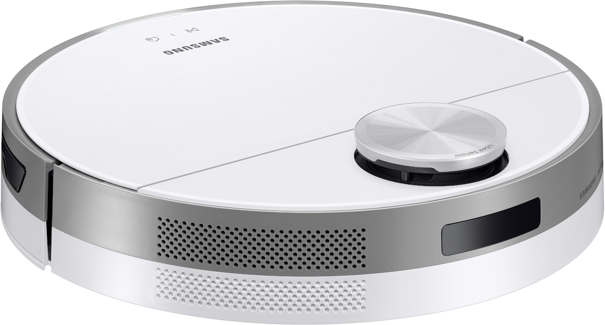 Een witte, ronde robotstofzuiger met een zilveren rand en details.